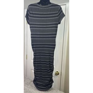 Athleta Women Black Gray Striped S/S‎ V-Neck Pima Cotton Ruched Dress size S.